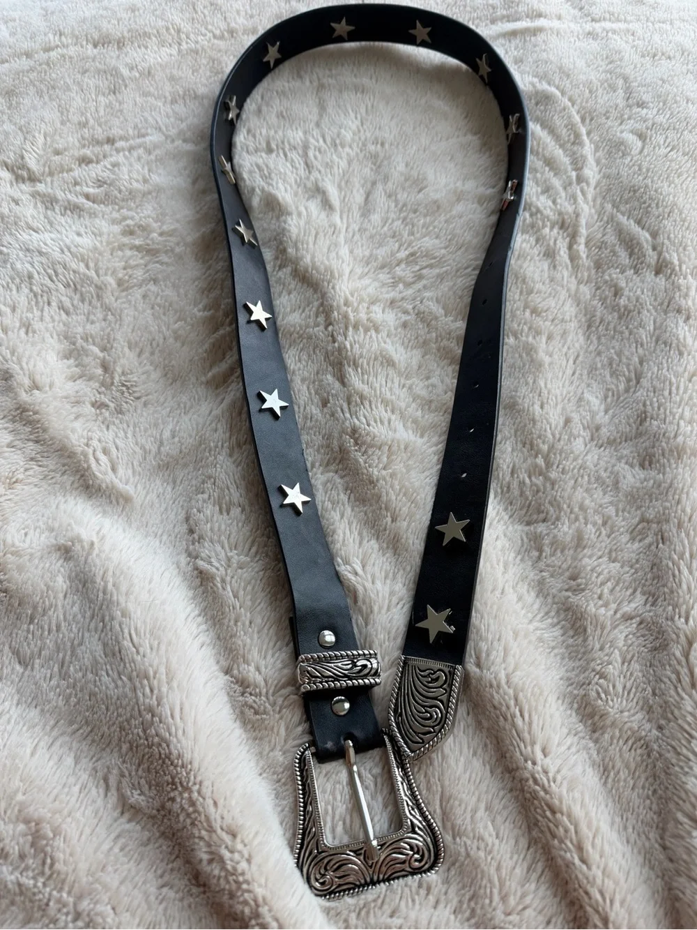 Women’s Black Star Stud Western Belt with Ornate Silver Buckle